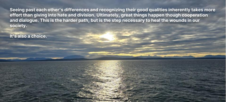 Seeing past each other’s differences and recognizing their good qualities inherently takes more effort than giving into hate and division. Ultimately, great things happen though cooperation and dialogue. This is the harder path, but is the step necessary to heal the wounds in our society. 

It's also a choice.  
